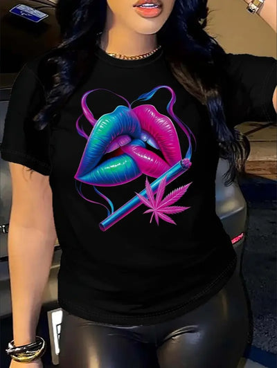 | Lips Print Graphic T-Shirt | Kiss Print Crew Neck Tee | Bold Lips Design T-Shirt | Women's Fun Graphic Tee | Vibrant Lipstick Print Shirt | Casual Kiss Print T-Shirt | Short Sleeve Crew Neck Tee | Flirty Lips T-Shirt for Women | Graphic Lip Print Tee | Stylish Women's Casual Shirt | Soft Cotton Lips Tee | Trendy Kiss Print T-Shirt |